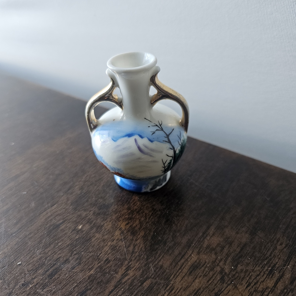 Hand-Painted White and Blue Porcelain Bud Vase with Gold Handles